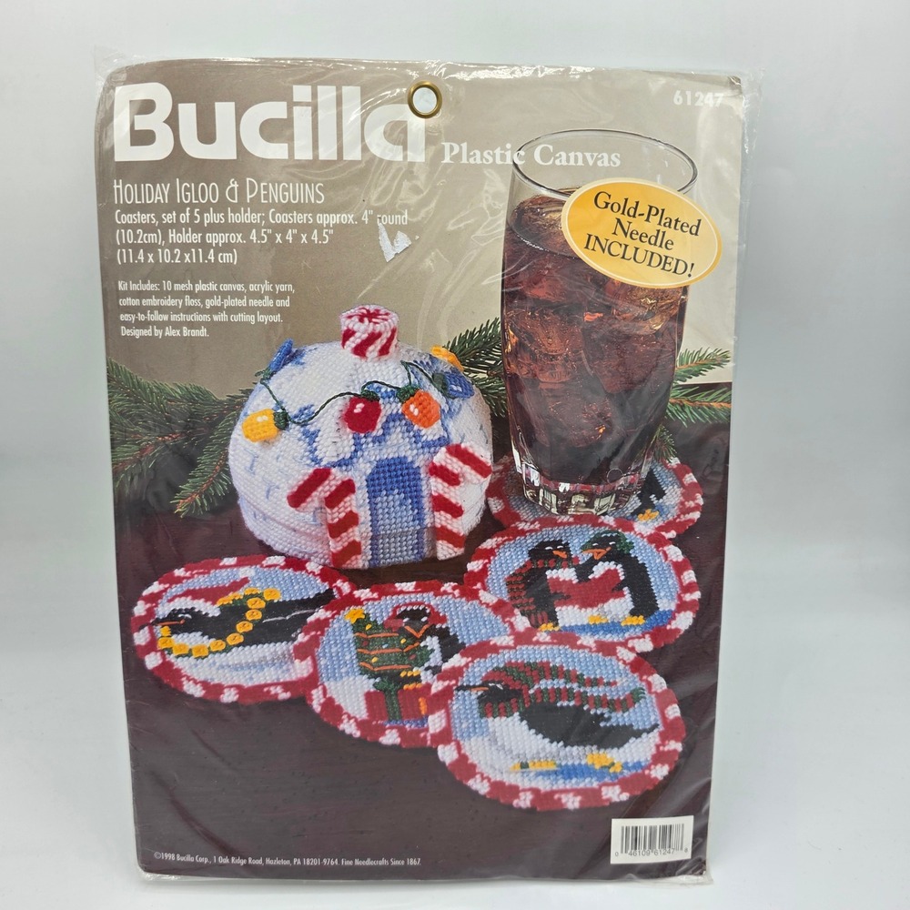 Bucilla Holiday Igloo Penguins Plastic Canvas Coaster stitch Kit Vintage 1998 OS